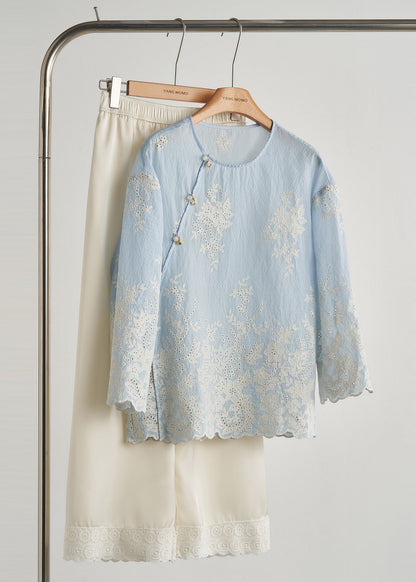 Sky Blue Embroidered Hollow Out Cotton Top Fall