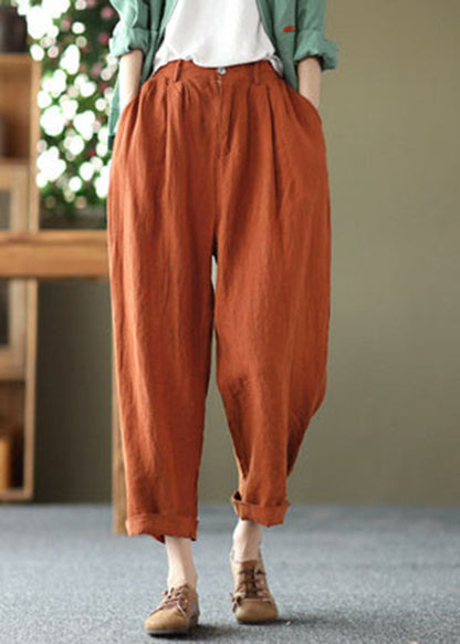 Orange High Waist Pockets Original Design Linen Harem Pants Summer