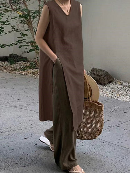 Linen Slit Sleeveless Simple Dress