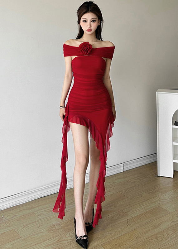 Novelty White Cold Shoulder Ruffled Patchwork Long Dresses Summer