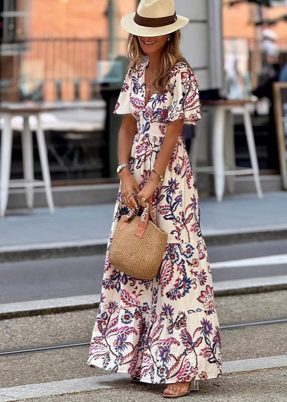 V Neck Print Cotton Long Dresses Butterfly Sleeve