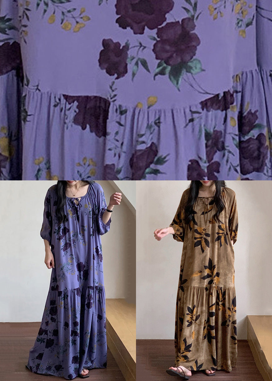 Loose Purple O Neck Print Wrinkled Cotton Pajamas Dresses Summer