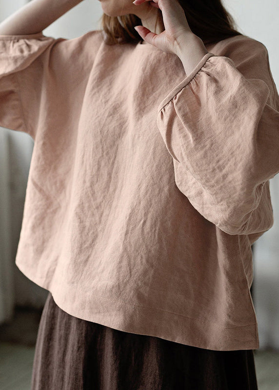 White O Neck Linen Shirt Tops Lantern Sleeve