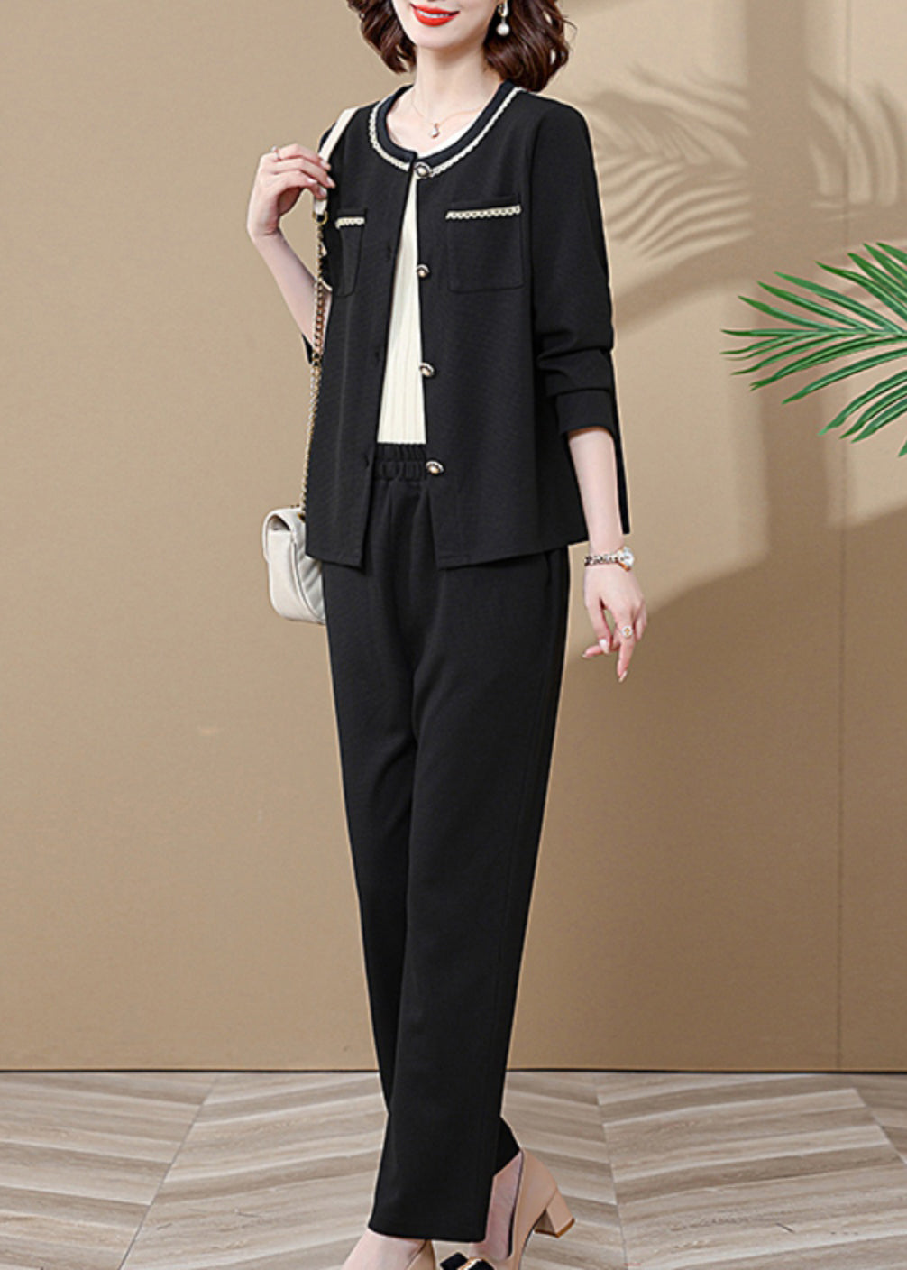 Black Pockets Patchwork Cardigans and Wide Leg Pants Two Pieces Set Long Sleeve