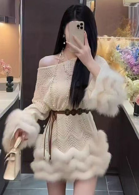 Brown Cold Shoulder Patchwork Faux Fur Sweater Dress Spring