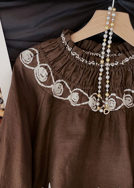 Coffee Embroidered Wrinkled Cotton Blouses Fall