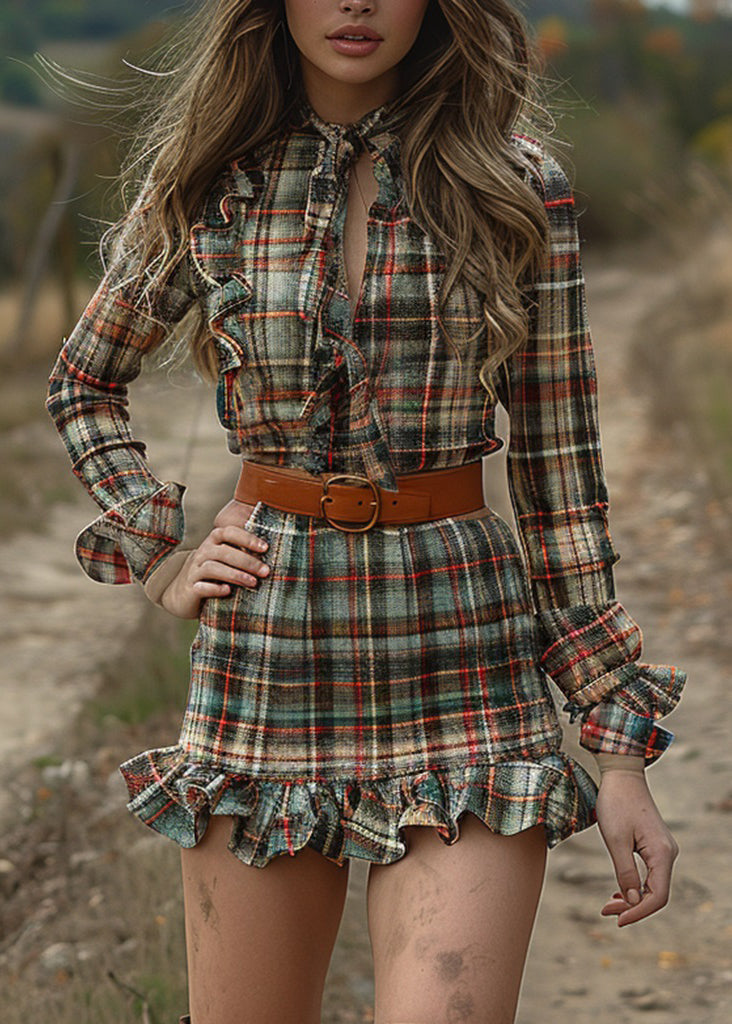 Ruffled Plaid Pastoral Style Long Sleeve Mini Dress