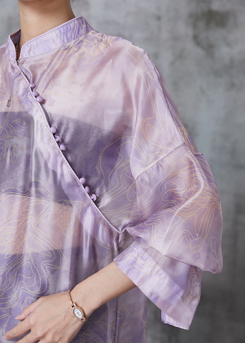 Purple Print Low High Design Silk Blouses Summer