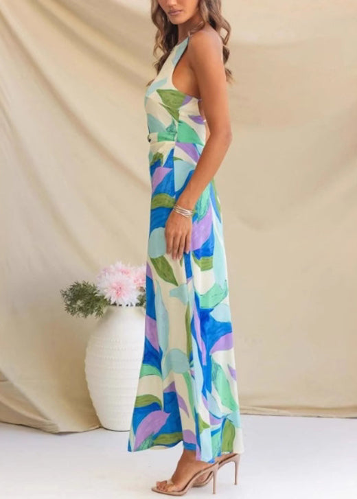 French Blue Backless Print Cotton Long Dress Sleeveless