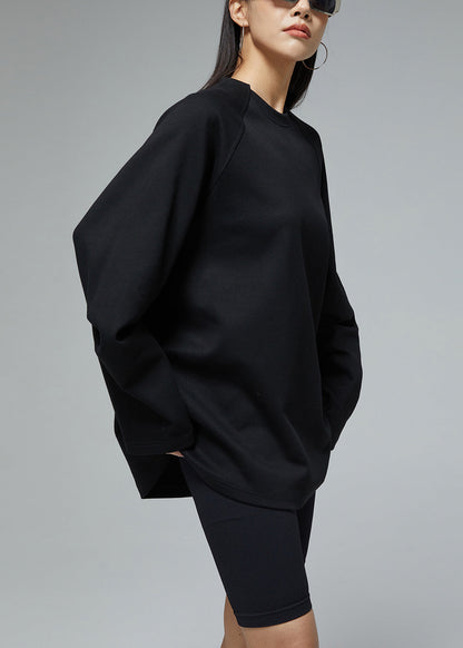 Black Loose Cotton Fall Sweatshirts O Neck