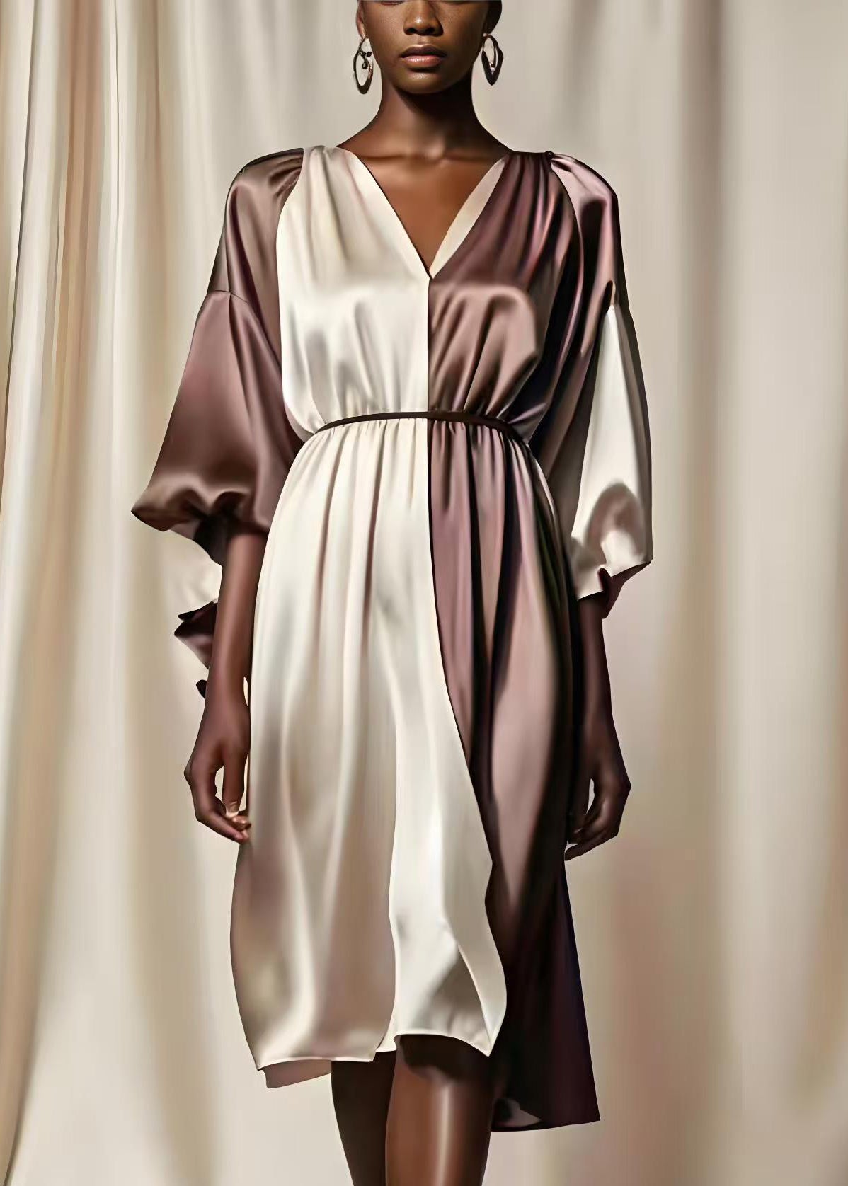 Colorblock V Neck Patchwork Silk Mid Dresses Summer