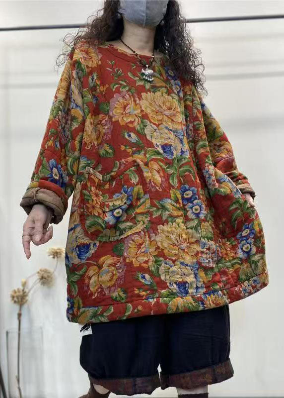 Red O Neck Print Fine Cotton Filled Top Winter