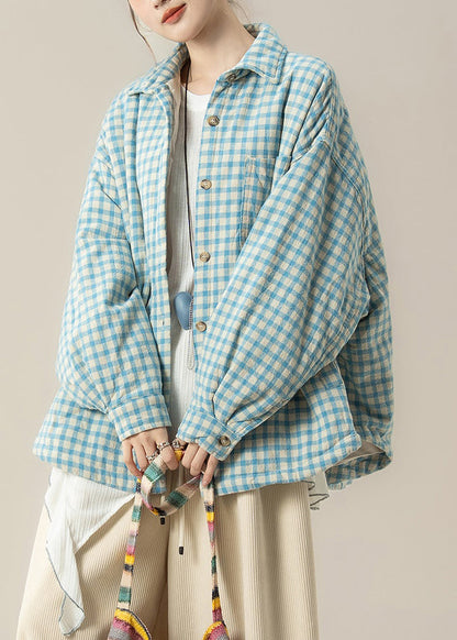 Blue Peter Pan Collar Plaid Cotton Filled Shirts Coats Winter