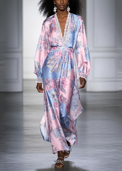 Pink V Neck Print Silk Vacation Dresses Spring