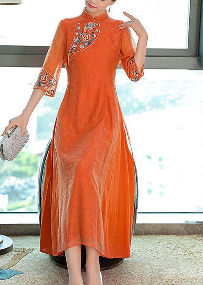 Orange Embroideried Side Open Silk Dresses Summer