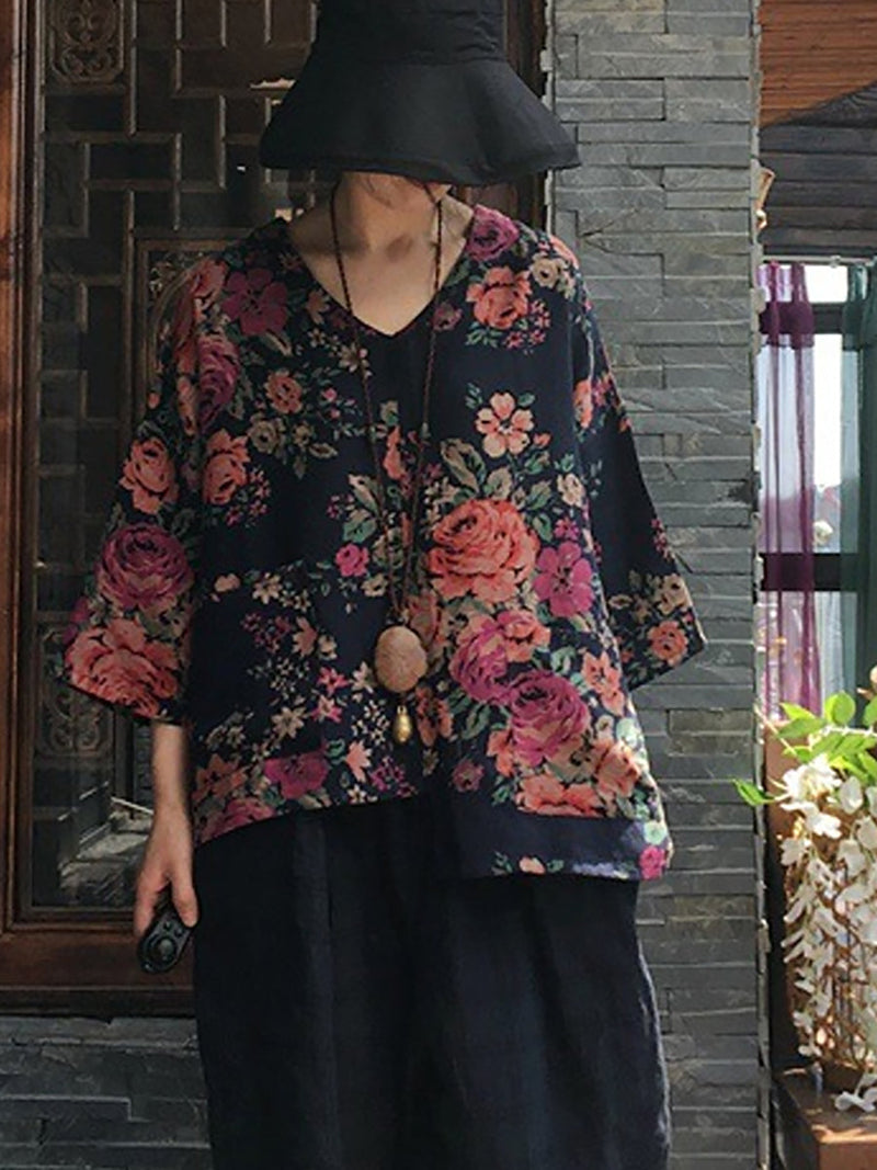 V-neck Long Sleeve Cotton Blouse Shirt
