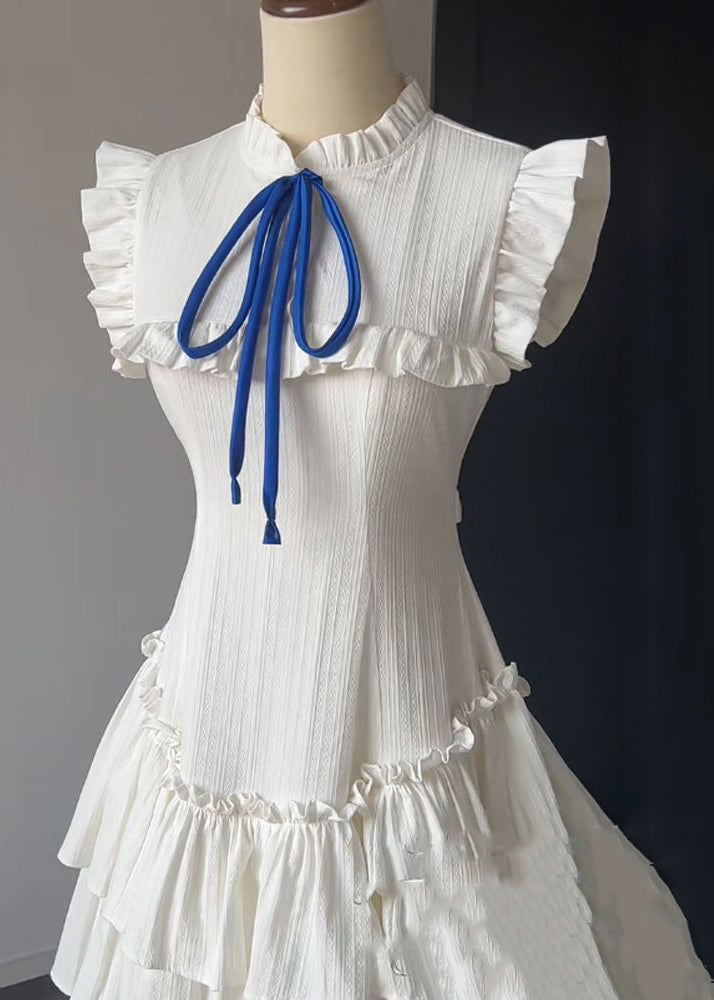 French White Ruffled Lace Up Cotton Dress Sleeveless