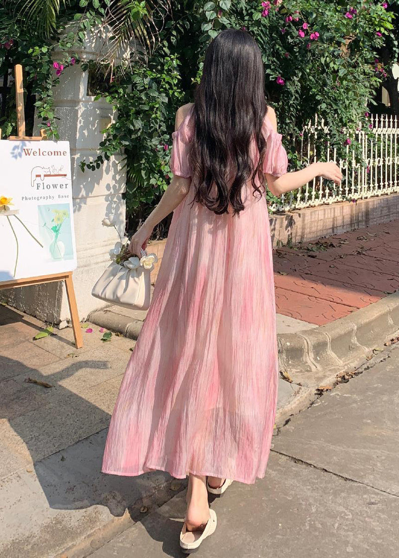 Style Pink Off the Shoulder Puff Sleeve Chiffon Dress