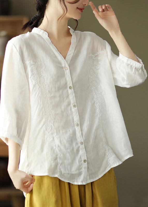 French Khaki Embroidered V Neck Ramie Blouse Top Summer