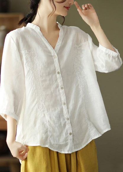 French Yellow Flower Embroidered V Neck Ramie Blouse Top Summer