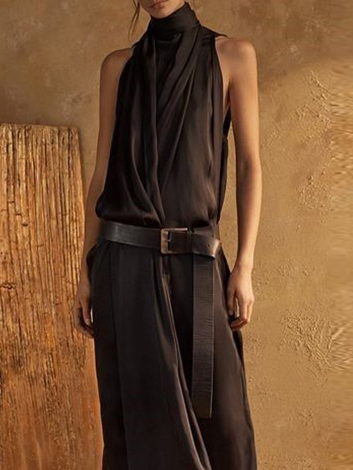Blue Plain High Neck Sleeveless Loose Maxi Tank Dress