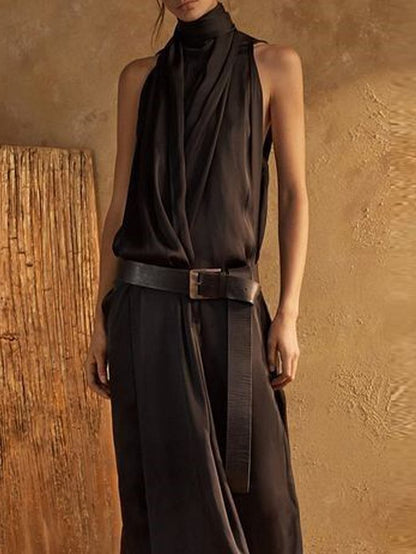Blue Plain High Neck Sleeveless Loose Maxi Tank Dress