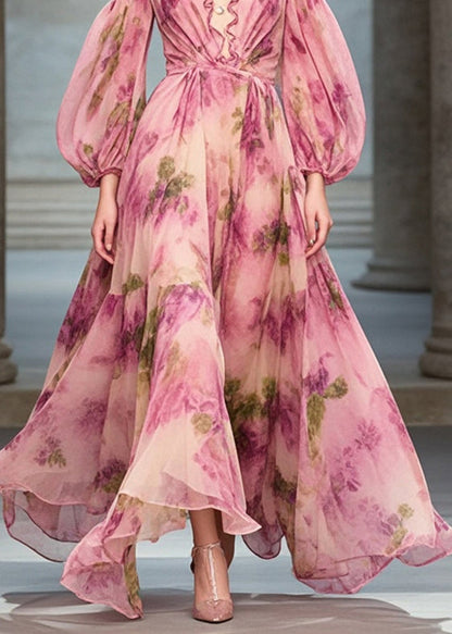 Rose Ruffled Print Exra Large Hem Chiffon Party Dresses Fall