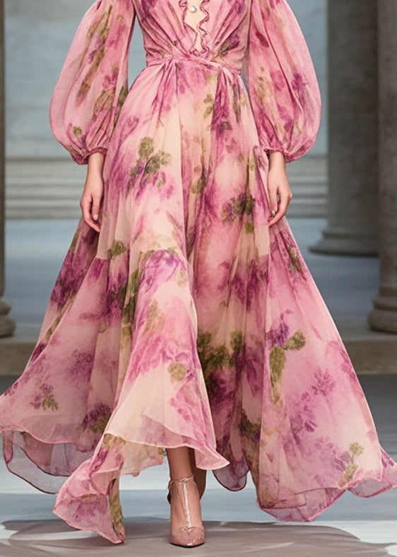 Rose Ruffled Print Exra Large Hem Chiffon Party Dresses Fall
