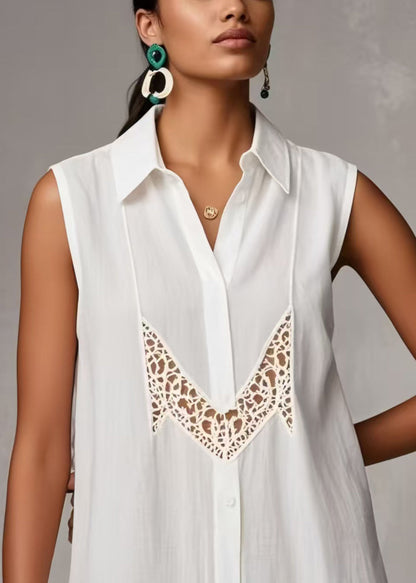 White Hollow Out Patchwork Lace Shirts Sleeveless