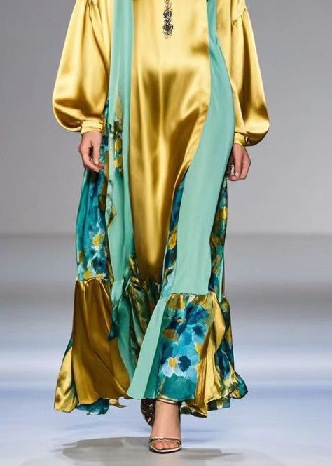 Golden Patchwork Silk Dress V Neck Lantern Sleeve