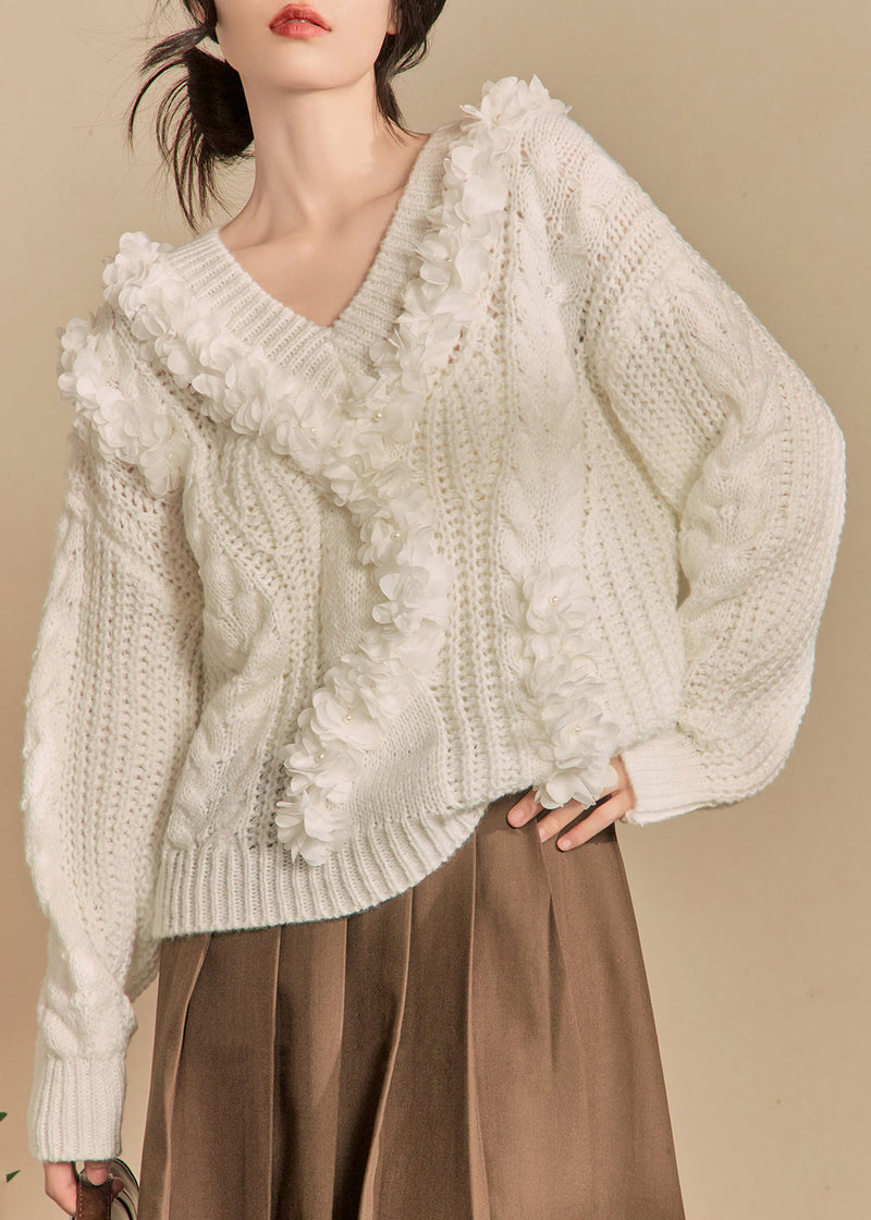 White V Neck Hollow Out Knit Sweaters Winter