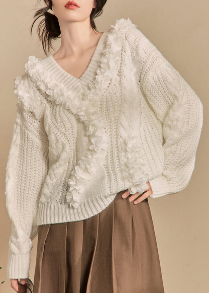 White V Neck Hollow Out Knit Sweaters Winter