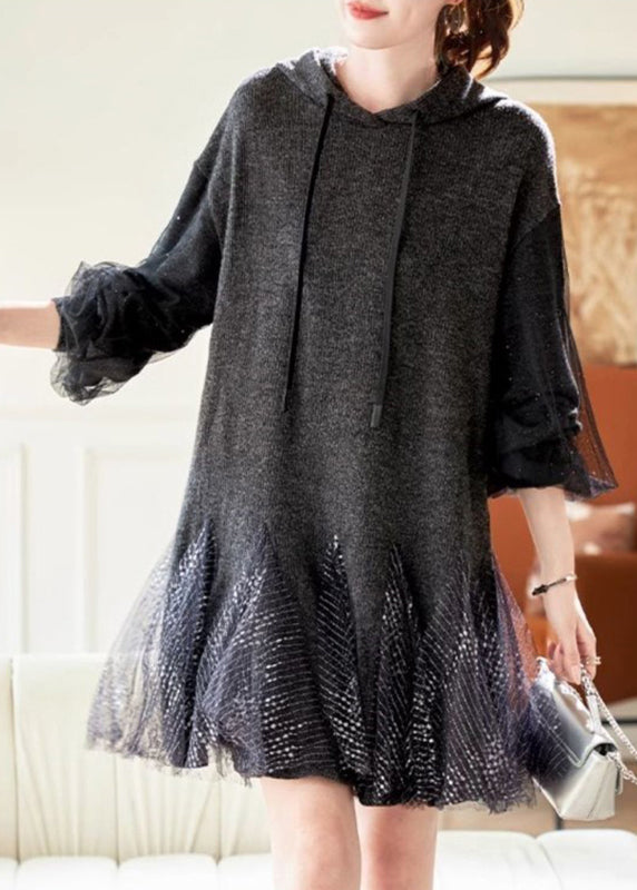 Grey Tie Lace Tulle Patchwork Hooded Mid Dress Spring