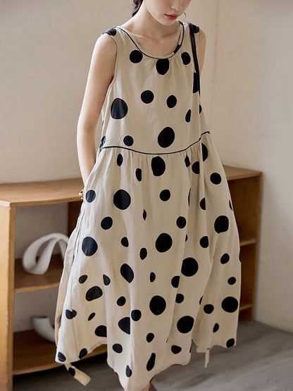 Summer Dot Drawstring Linen Vest Dress