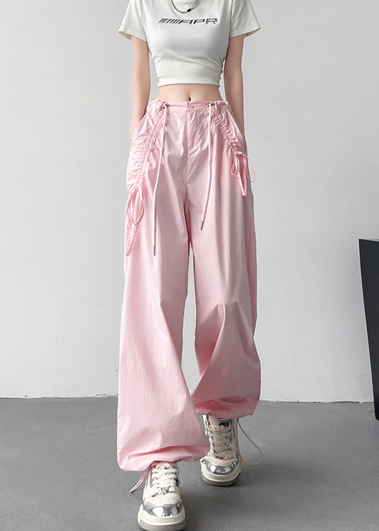 Pink Pockets Drawstring High Waist Cotton Pants Spring