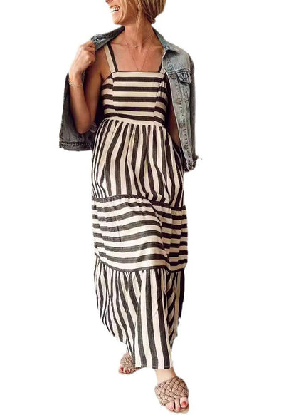 Grey Striped Wrinkled Cotton Spaghetti Strap Dresses Summer