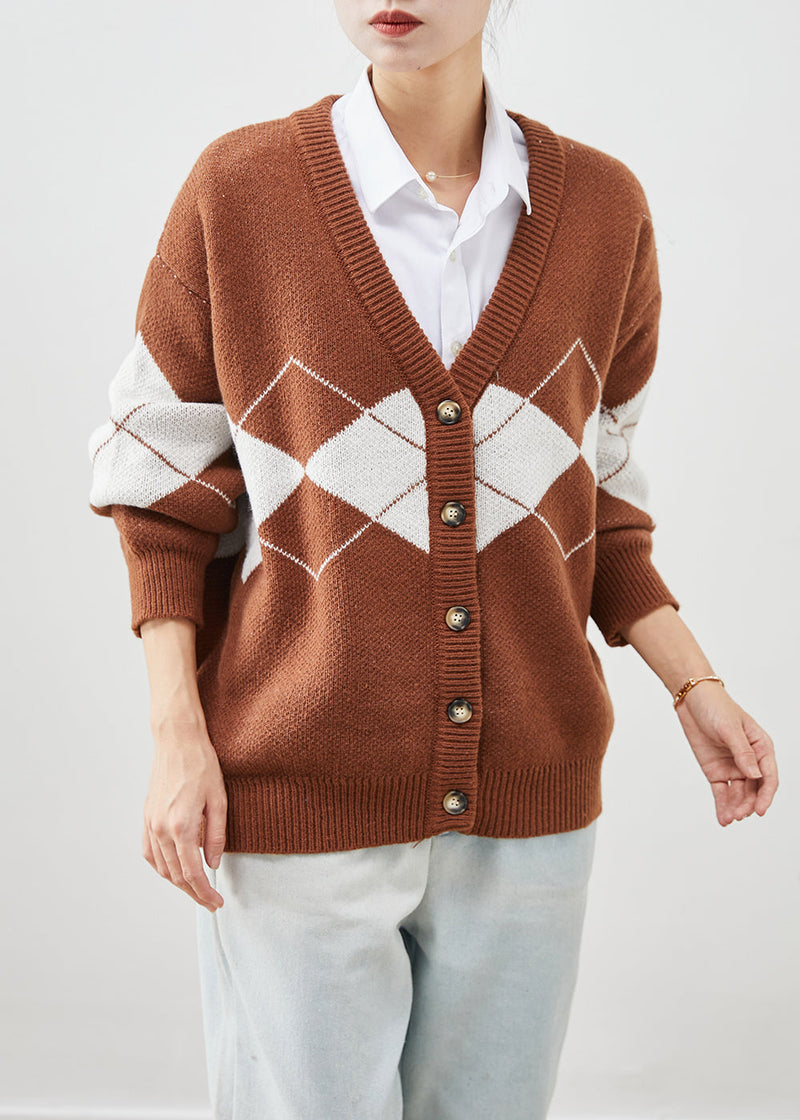 Diy Khaki Oversized Print Knit Cardigan Winter