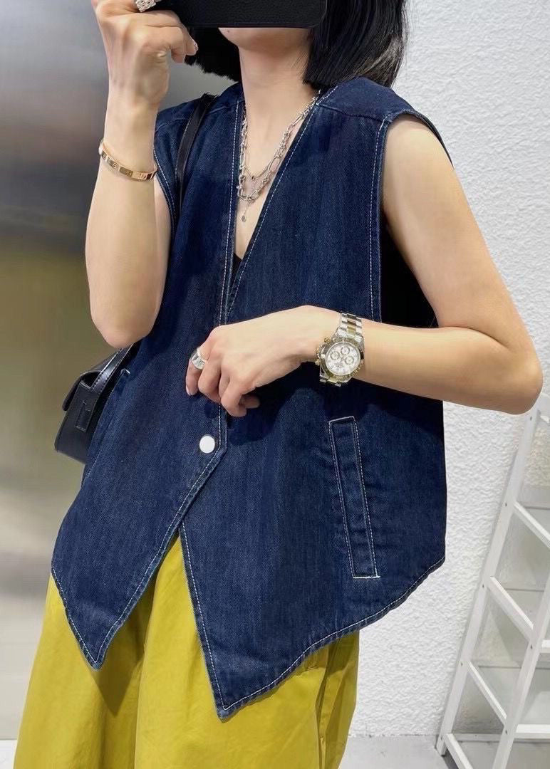 Navy Patchwork Button Denim Waistcoat Sleeveless
