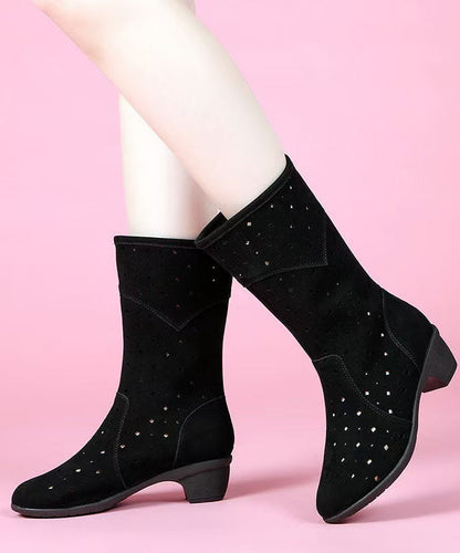 Splicing Chunky Boots Black Suede Hollow Out
