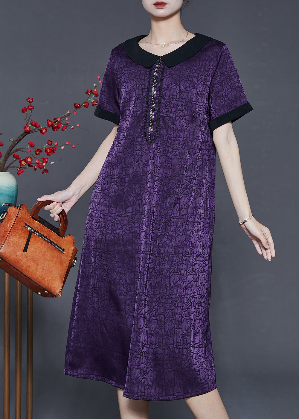 Dull Purple Wrinkled Silk Long Dress Summer