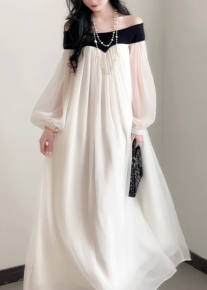 French Slash Neck Chiffon Dress Lantern Sleeves