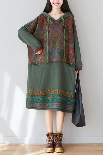 - Printed Hooded Sweater Knitted Denim Dress