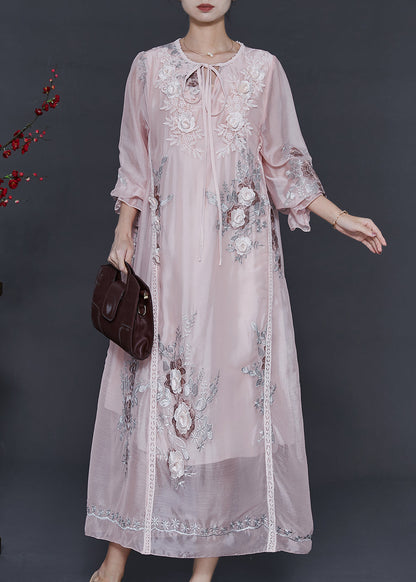Light Pink Embroidered Silk Holiday Dress Fall