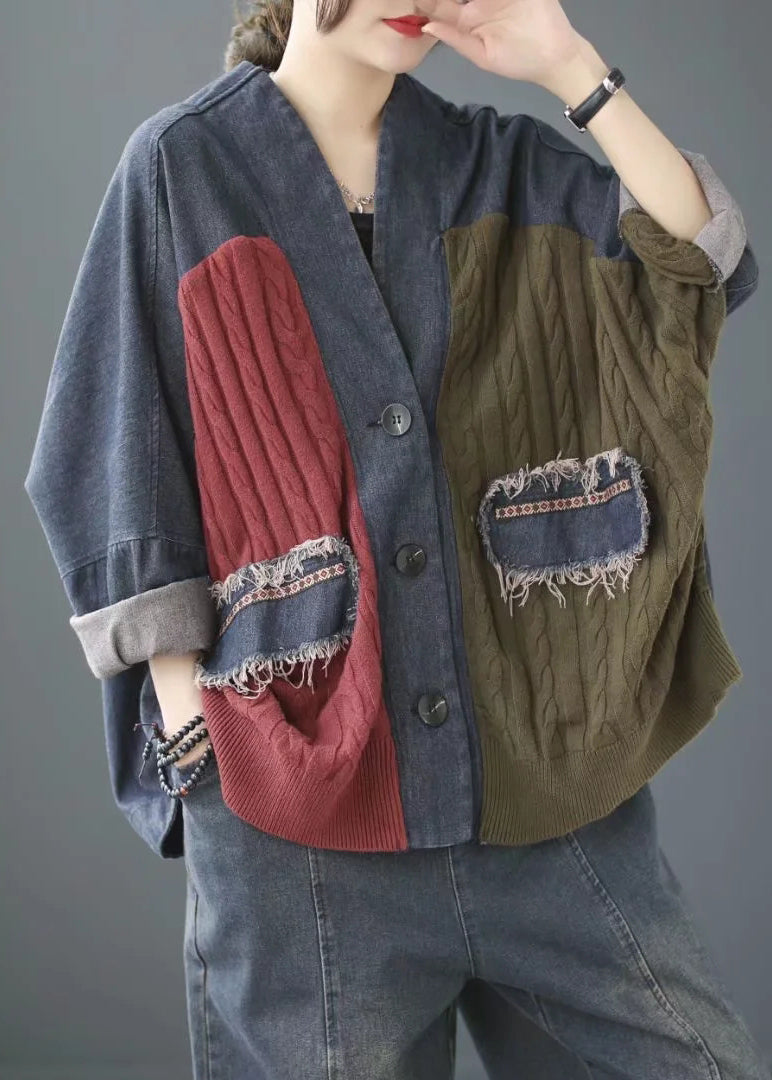 Blue V Neck Knit Patchwork Denim Coats Long Sleeve