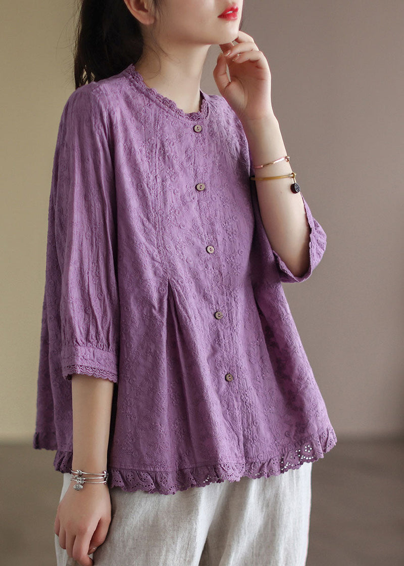 Purple Wrinkled Embroidered Linen Shirts Bracelet Sleeve