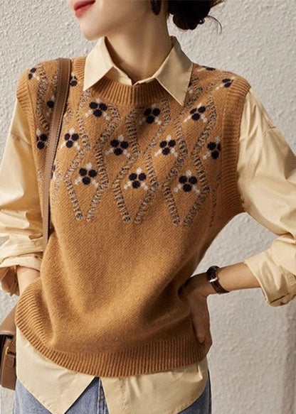 Camel O Neck Jacquard Woolen Vest Sleeveless