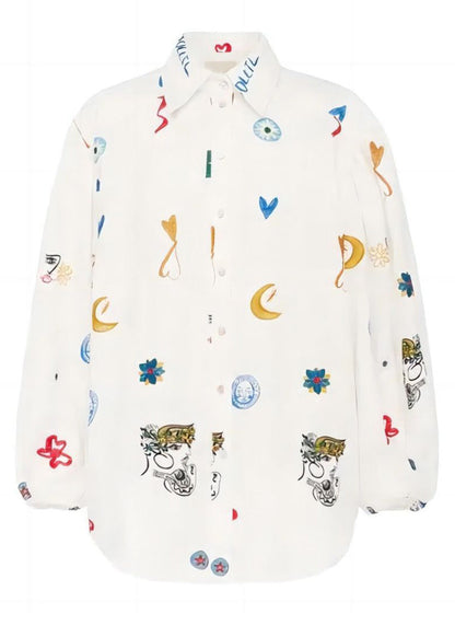 White Peter Pan Collar Button Print Cotton Blouses Long Sleeve