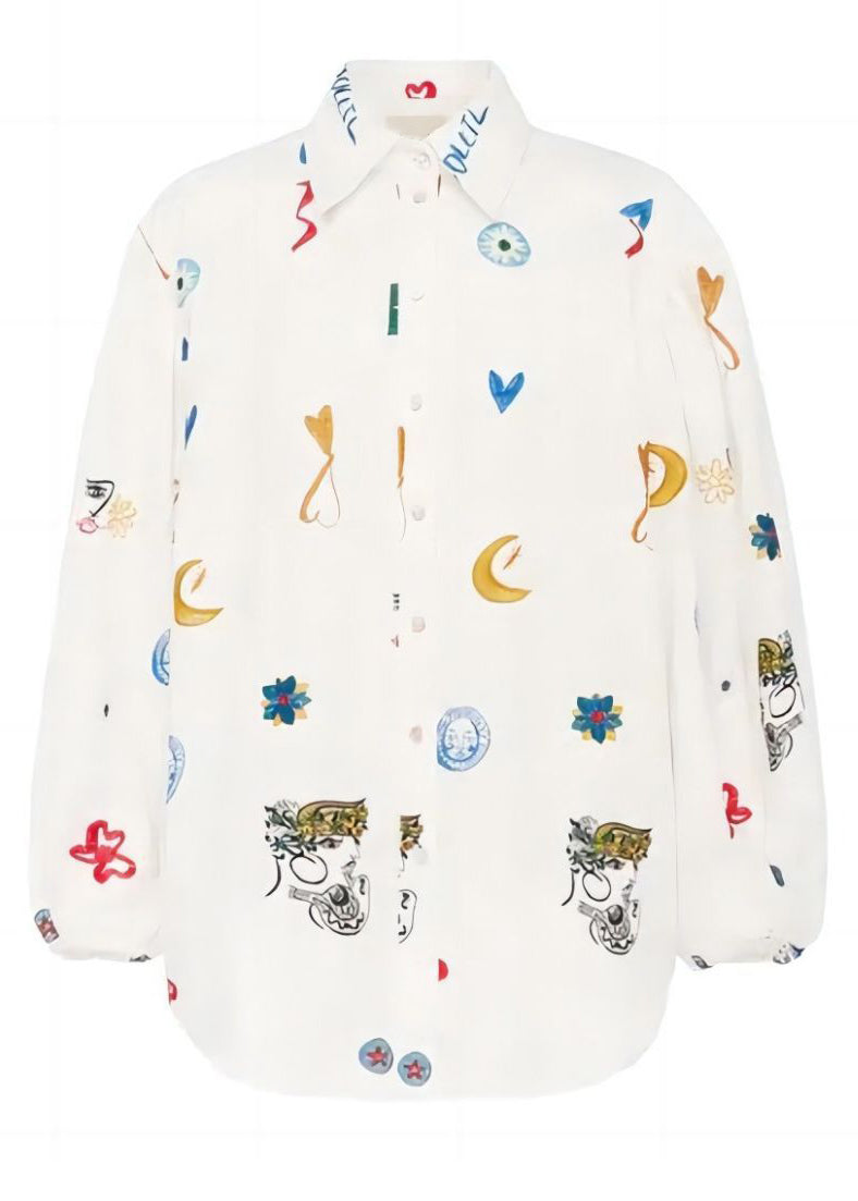 White Peter Pan Collar Button Print Cotton Blouses Long Sleeve