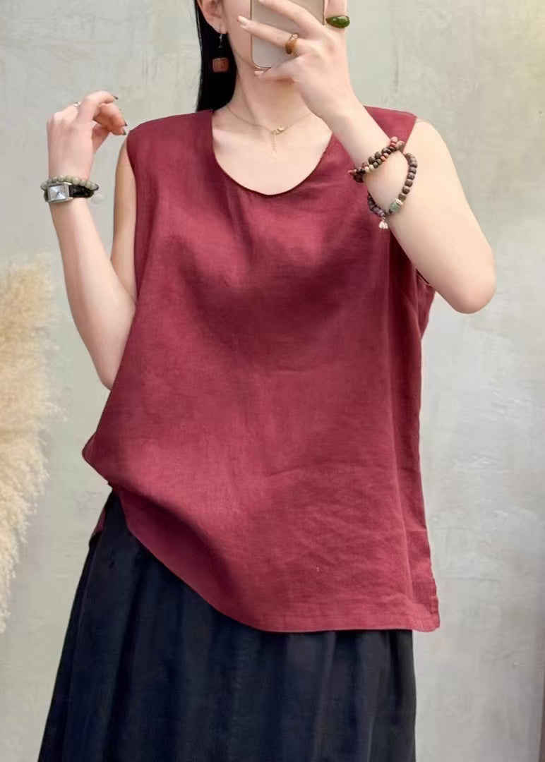 Classy Wine Red Side Open Linen Tops Sleeveless