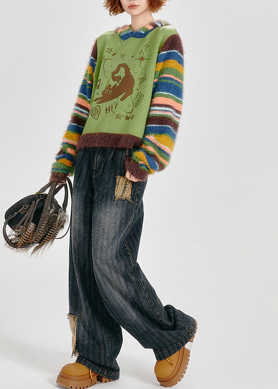 Grass Green Hooded Patchwork Striped Knit Sweatshirt Winter